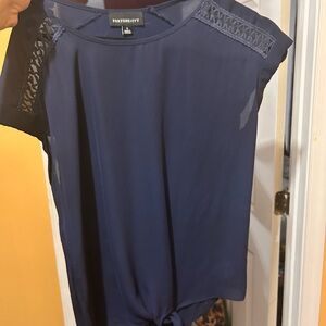 Blue Tie Front Blouse with Black Accents